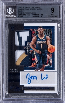 2019-20 Panini One and One Dual Jersey Autos Blue #RDJA-ZWL Zion Williamson Signed Patch Rookie Card (#24/49) - BGS MINT 9/BGS 10